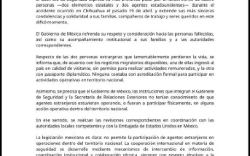Gobierno mexicano informa accidente fatal en Chihuahua con dos estadounidenses y niega autorización para su operación