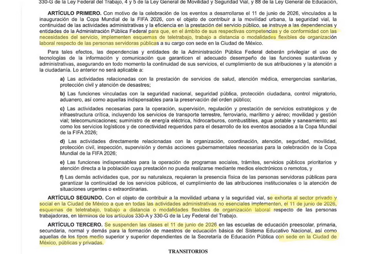Gobierno ordena teletrabajo y suspende clases para facilitar inauguración del Mundial México 2026