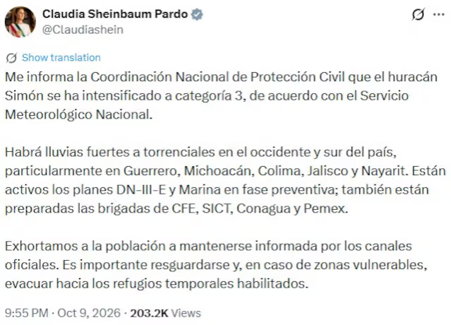 Presidenta Sheinbaum ordena despliegue de fuerzas de emergencia ante el avance del huracán Simón